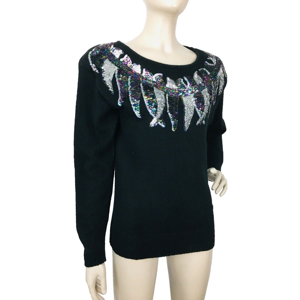 Vintage 80s De Rotchild Silk Angora Sequined Feathers Pullover Sweater Medium